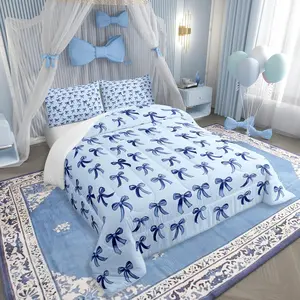 Bowknot Comforter Set,Kawaii Simple Bows Breathable Bed Set,Cute Cartoon Dreamy Printed Comforter for Sofa Bedroom,Blue Ribbon Duvet Insert