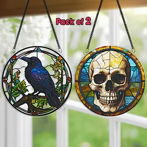 2 Suncatcher for Window Hanging, Skull and Crow Acrylic Suncatcher, Art Gothic Decor for Home, Indoor, Garden, Housewarming, Gift for Mom, Grandma, Women, Friend, Bird Lover