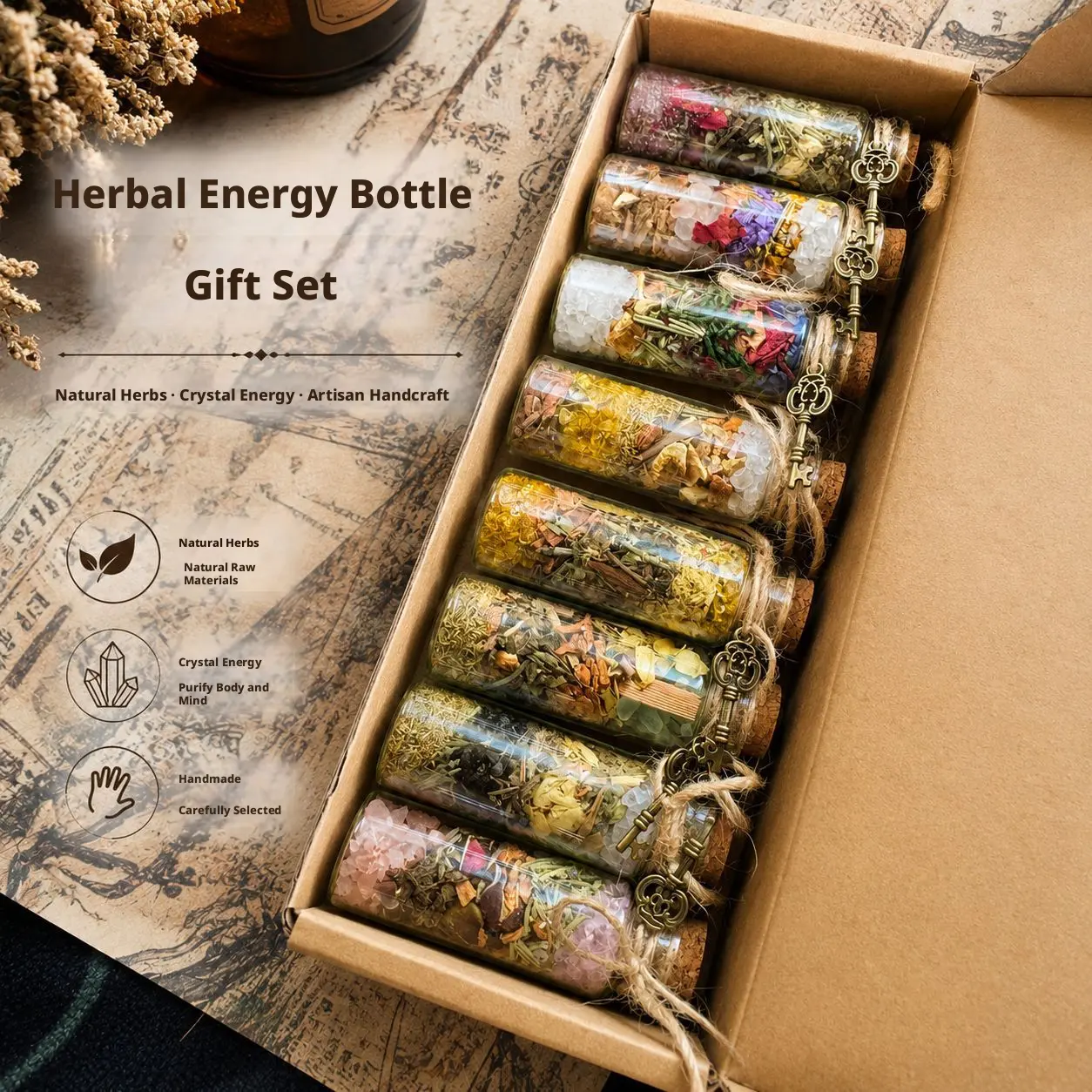 Natural Crystal & Herb Energy , Chips Wishing Bottle, Halloween Magic Bottle, Luck & Wealth Drift Bottle Ornament