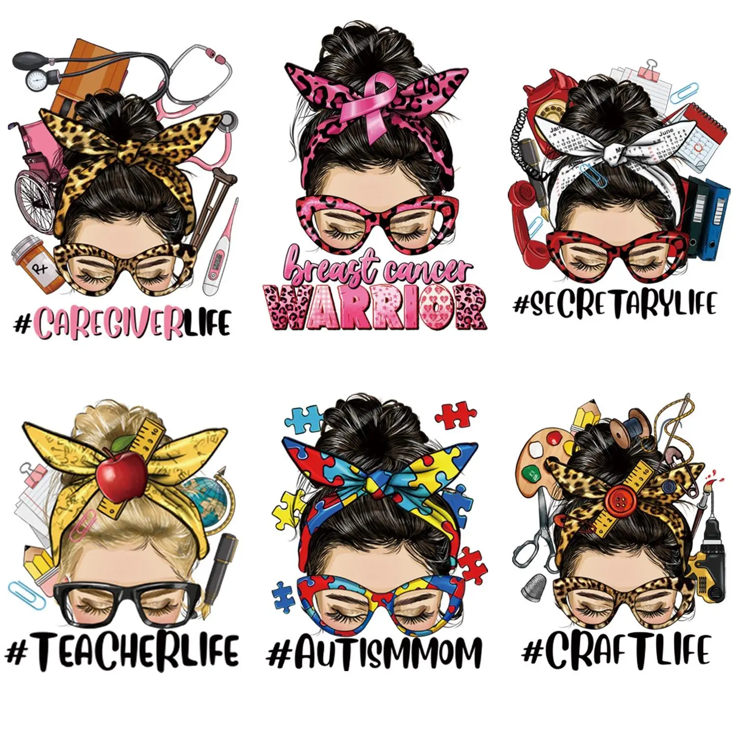 6pcs Fashionable DIY Iron on Sticker, Women Pattern Heat Transfer Sticker, Washable Heat Transfer Stickers for T-shirt & Jeans