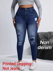 Women's Printed Skinny Jeans, Casual Everyday Fake Denim Style, Elastic Stretchy Material, All-Season Wear, Versatile Design, Leggings
