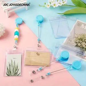 Beaded DIY Retractable Badge Reel Kit Contains 12pcs Retractable Keychains and 24pcs Clear Waterproof Soft Card Holders, Stretchable Clear ID Tags for Nurses and Teachers Office Supplies