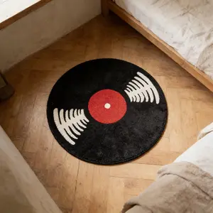 Vinyl Record Round Rug, Soft Plush Faux Wool Carpet, Party Style Home Decor for Living Room & Bedroom, Multi-Color Design, Home Decorative Rug, Soft Fluffy Rug