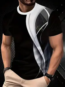 Men's Fashion Classic Geometric Print T-Shirt, Short Sleeve, Round Neck, 3D Design, Breathable Polyester, Long, Casual, Formal & Streetwear Wear, Perfect Gift