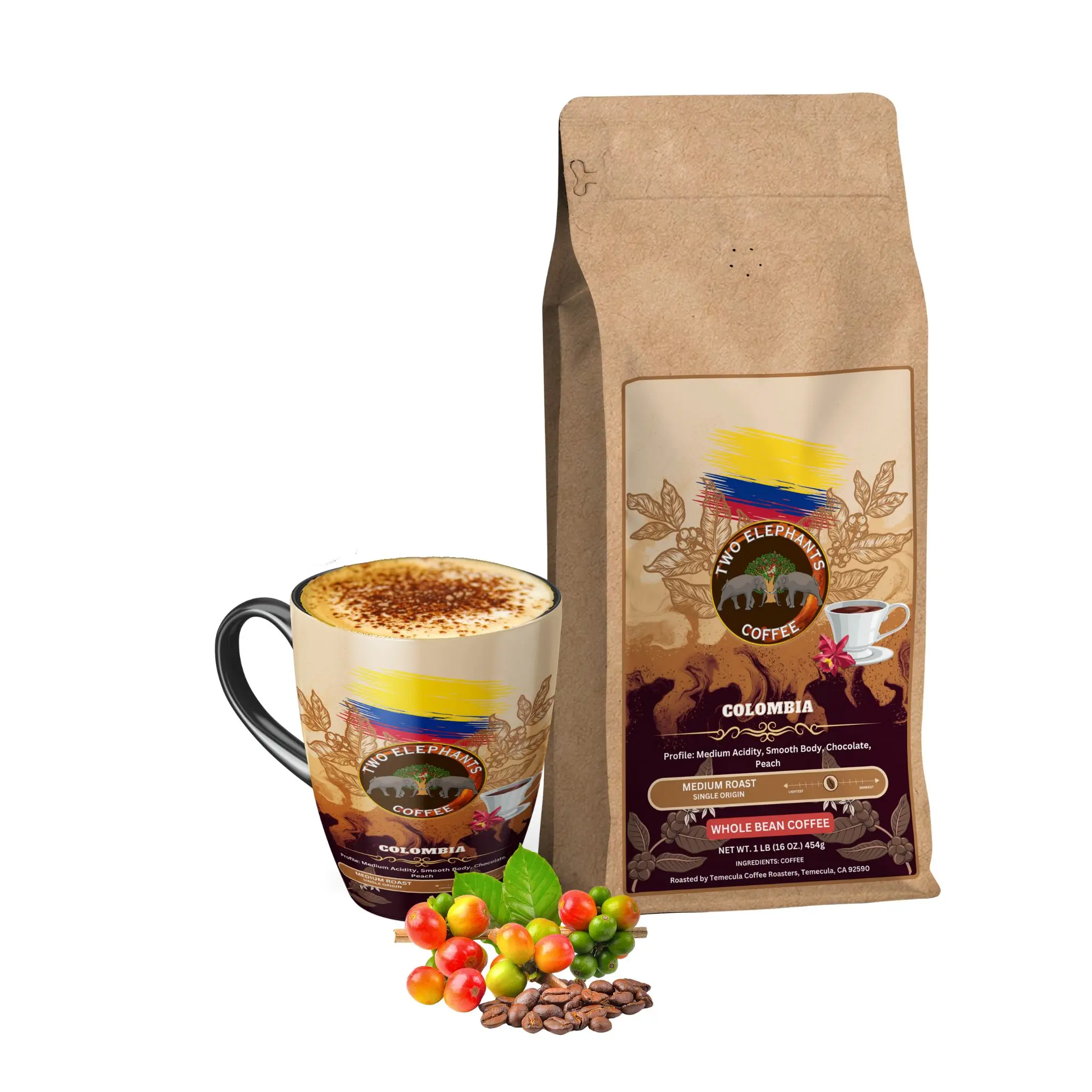 Colombia - Medium Roast - Whole Bean Coffee - NET WT. 1lb (16 oz. 454g) Bag Beverage Flavor