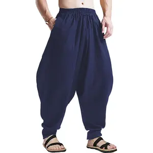 Mens Harem Pants Loose Fit Elastic Waist Drawstring Aladdin Hippie Trousers