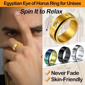 U7 Egyptian Eye of Horus Ring — Rotating Ankh Talisman Protection Jewelry, Anxiety Relief Spinning Ring, Cuban Fidget Ring (for men and women)