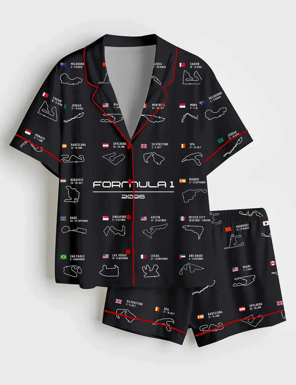 Women’s Formula One 2026 Calendar Formula Racing Season Long Sleeve Satin Pajama Set, Pajama Gifts for Her, Shorts & Pants | Custom Gift for Her | Bridesmaid Pajamas | Custom Jersey PJS
