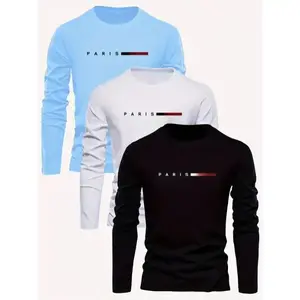 3-Pack Men'S Long Sleeve T-Shirts, Paris Letter Print, Casual Round Neck, Breathable Knit, Comfortable Loose Fit, Fashion Streetwear, Warm Pullover Set, Ideal for Outdoor Sports, Polyester Blend, Regular Length New Style