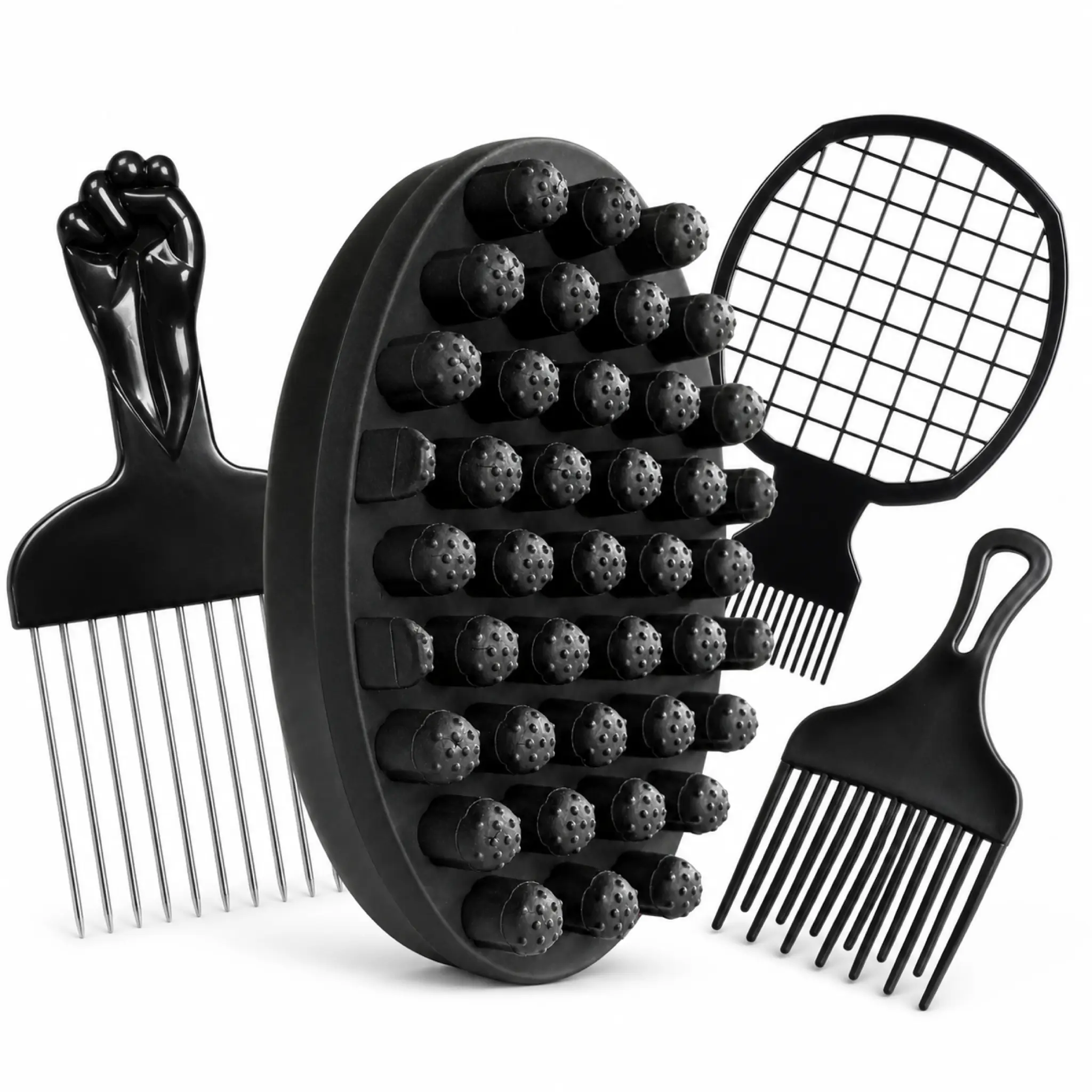 4-Piece Coily Hair Styling Kit with Silicone Twist Brush, Metal Fist Pick, Mesh Twist Comb and Double-Row Hair Pick