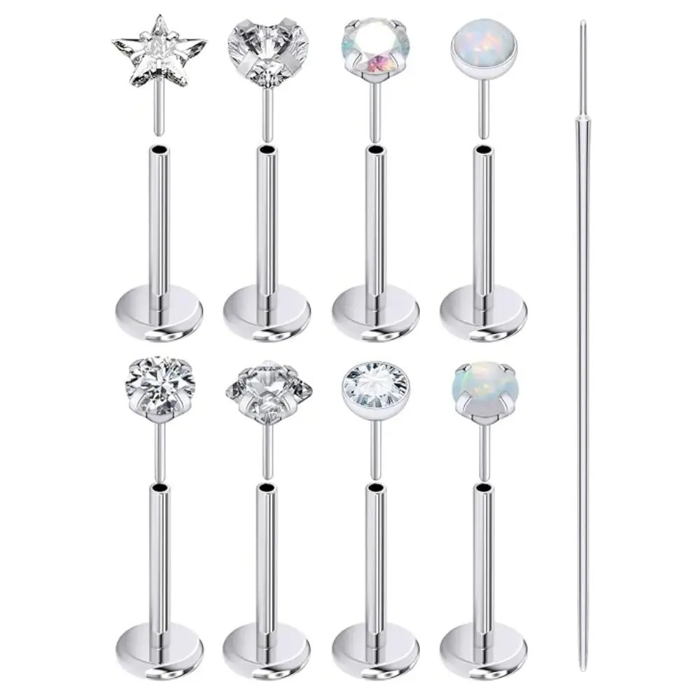 Threadless Nose Rings Stud  16G Flat Back Nose Stud Surgical Steel Push In Nose Rings Opal Heart CZ Hypoallergenic Nose Piercing Lip Medusa Tragus Studs Earrings Piercing Taper