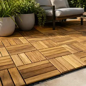 ARCH 30 PCS Interlocking Deck Tiles Checker Pattern 12x12 inch Square Yellow Acacia Hardwood Outdoor Flooring for Patio Balcony Pool Side Garden DIY Waterproof Anti Mildew Easy Install, Yellow Color Options, Acacia Wood Material, Color: Yellow