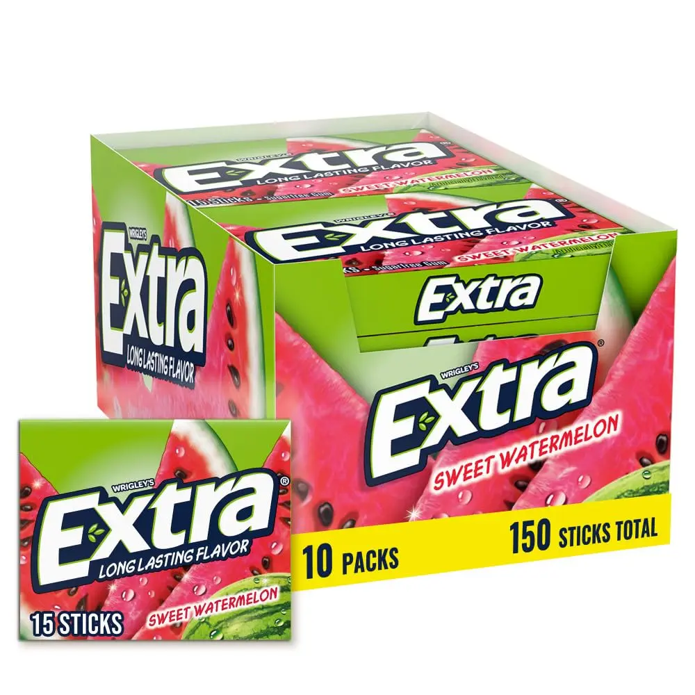 EXTRA Gum Sugarfree Sweet Watermelon Flavor, Bulk Individually Wrapped Long-Lasting Fruit Gum, 15-Count Pack of 10 for Fresh Breath Anywhere, On-the-Go Use at School, Work, Refrigerated Snack for US Consumers