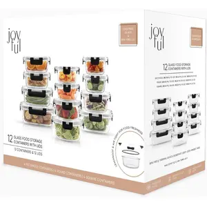 JoyJolt JoyFul 24pc(12 Airtight, Freezer Safe Food Storage Containers and 12 Lids), Pantry Kitchen Storage Containers, Glass Meal Prep Container for Lunch, Glass Storage Containers with Lids