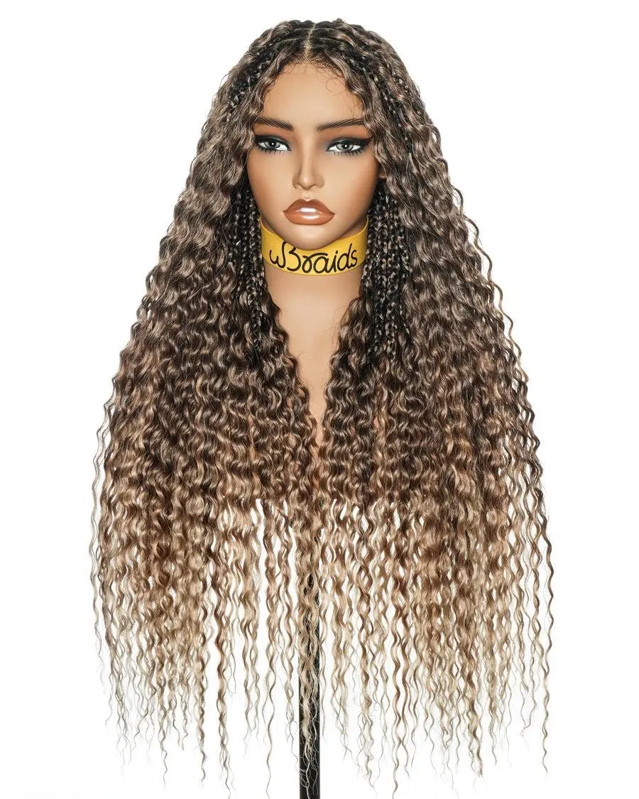 uBraids 26" Synthetic Blend Human Hair Swiss HD Lace Blend Brown Deep Wave Knotless Boho Box Braided Wig Full Lace Hand-tied Fontal Glueless With Drawstring