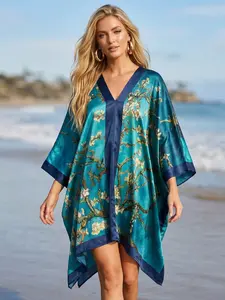 Women's V-Neck Satin Caftan Cover Up - V Neck Coverup, Elegant Floral Print Kimono Beach Dress, Loose Flowy Resort Wear for Vacation, Lightweight Poolside Bathrobe