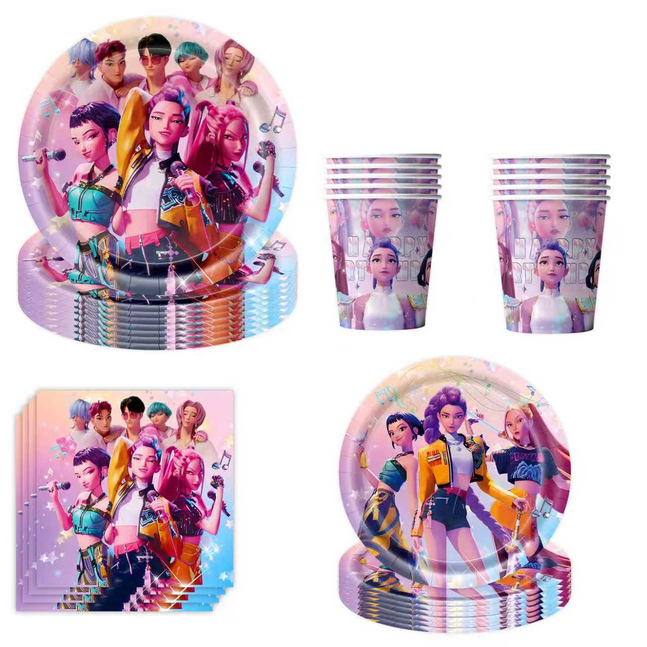 K-Pop Demon Hunters Birthday Party Supplies & Tableware – Birthday Decorations, Backdrop Banner, and Party Tableware Set