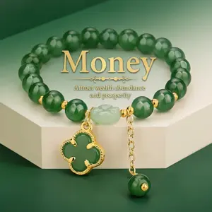 Natural Green Beaded Stretch Bracelet, Four Leaf Clover Green Nature Stone Bracelet Trendy Jewelry Accessories Gift for Women Adults，Four-Leaf Clover Charm, Good Luck Jade Bead Bangle for Women, Adjustable Fashion Jewelry Gift for Her