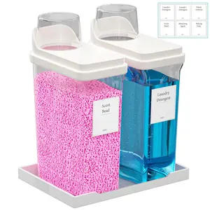 85 OZ Laundry Detergent Dispenser, 2 Pack Liquid Laundry Detergent Powder Dispenser, Plastic Fabric Softener Dispenser for Laundry Room with Labels Tray, Clear