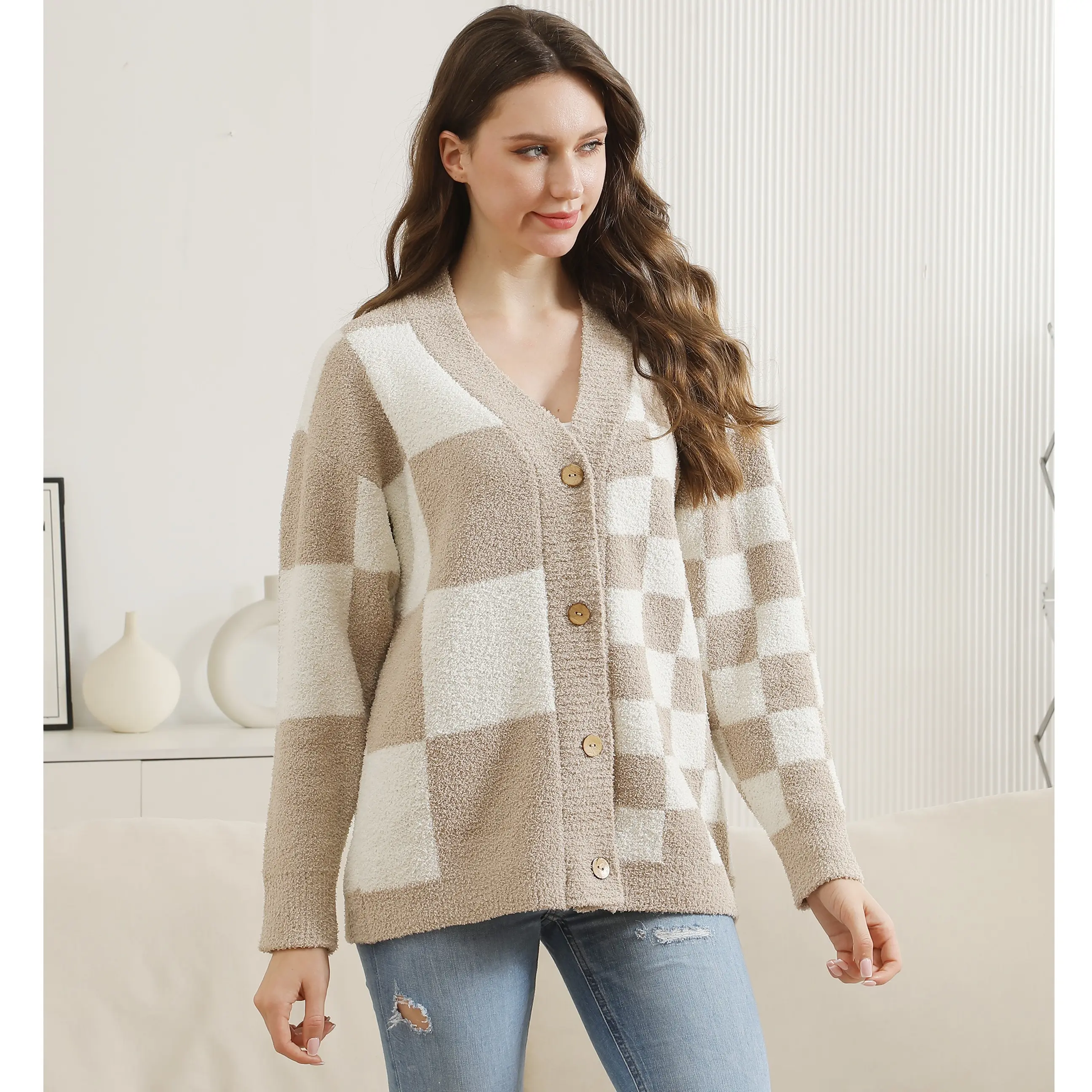 トップス Luxe Comfort Knit Cardigan ComfyLuxe Two-Sized Checkered Pattern Luxury Soft Buttoned