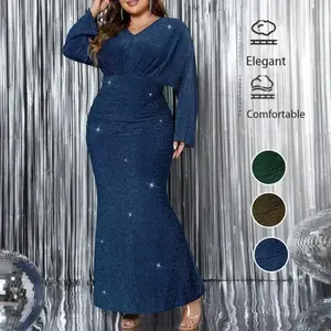 Women’s Plus Size Sexy Sparkly High-Waist Mermaid Evening Gown, Long Sleeve, V-Neck, Formal Women’s Wear