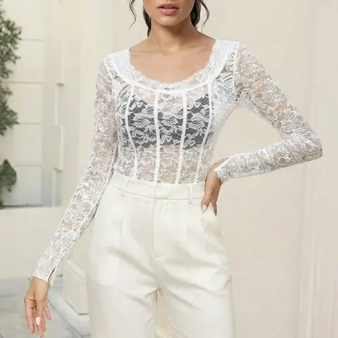 ETCYY Women's Mesh Lace Long-Sleeve Crewneck Skinny Fitted See-Through Floral Blouse - Casual Classy Boho Top, Embellished Sheer Blouses Shirts Tops, Ideal for Club, Plants-Themed Occasions