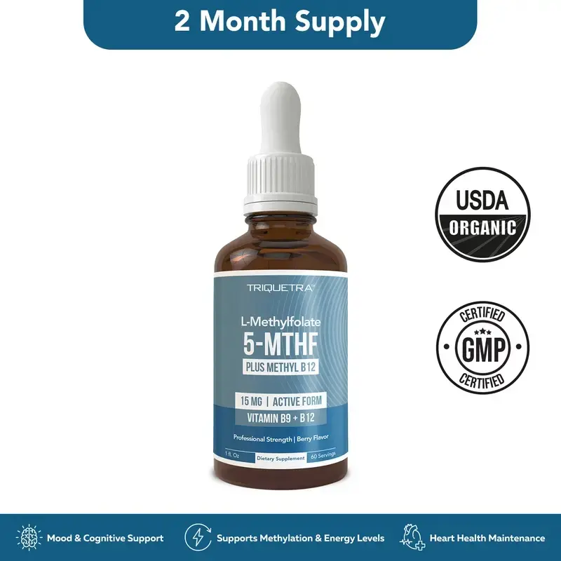 Pro Strength Sublingual L-Methylfolate 15mg + Methylcobalamin B12 Liquid Supplement (5-MTHF Form), 2-Month Supply, Supports Mood, Methylation & Daily Energy Levels