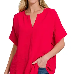 WOVEN AIRFLOW SPLIT NECK SHORT SLEEVE TOP