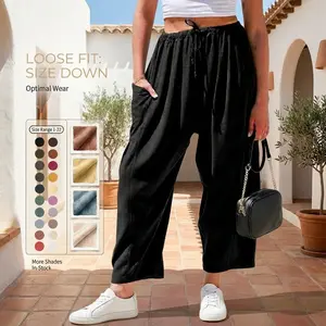 Women's Linen Blend Wide Leg Pants, Oversized Casual Loose Beach Palazzo Harem Pants with Pockets, Summer Vacation Women's Outfits