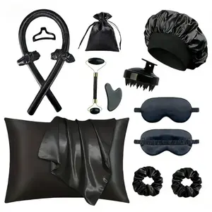 Satin Hair Care Gift Box Set, 12-Piece Complete Beauty Kit with No Heat Curler, Silk Pillowcase, Sleep Cap, Eye Mask, Scalp Massager