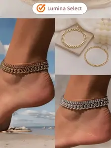Women's Waterproof Adjustable Cuban Chain Anklet Set, Fashionable Layered Design Jewelry Gift, Daily Wear Accessory