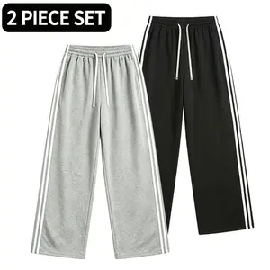 2-Pack Men’s Wide-Leg Sweatpants with Side Stripes, Elastic Waist Drawstring Casual Sports Pants