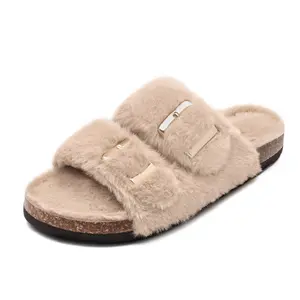 Women's Fuzzy Slippers Cork Footbed Fluffy Slides Comfy Open Toe Indoor Outdoor House Shoes with Arch Support Girl Comfort Shoes Footwear Flipflop Dance Parent