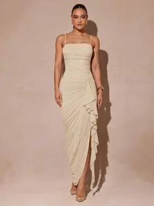 KINLANMAN Elegant Sage Green Romantic Ruffle Sleeve High Slit Maxi Dress Lace Bodycon Party Dress For Women