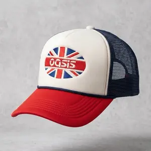 Oasis Brand British Flag Design Trucker Hat with Red Brim and Navy Mesh Back for Men and Women