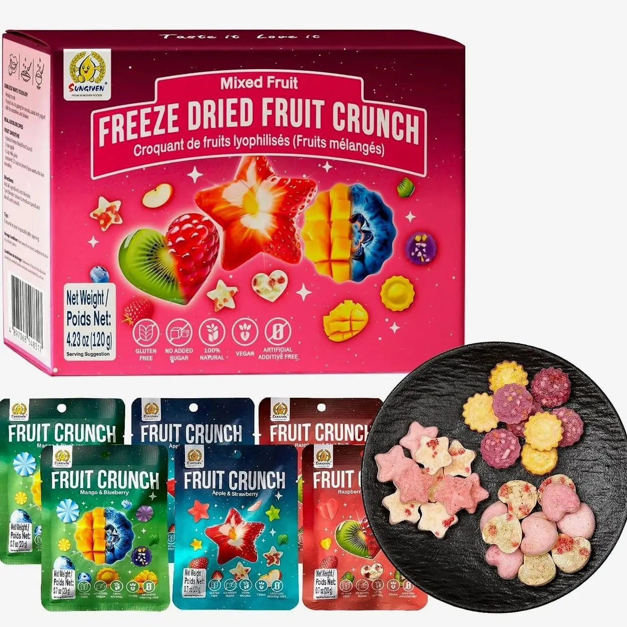 SUNGIVEN Freeze Dried Fruit Crisps Crunch Mixed Fruit 6 Packs Gluten Free Made with Fruit Vegan Healthy Snacks Ready to Eat for Yogurt Dessert