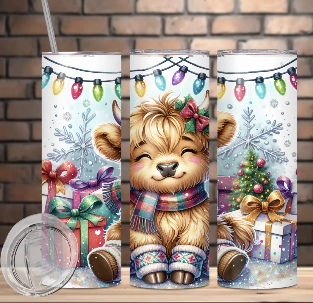 Smiling Christmas Highland Cow 20 oz Stainless Steel Tumbler