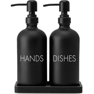 Black Dish and Hand Soap Dispenser Set - Glass Kitchen Soap Dispenser with Tray and Stainless Steel Pump - for Black Kitchen Decor and Accessories