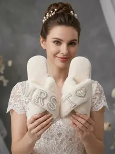 MRS. T White Cross Band Fur Slippers, Bridal Wedding Slippers for Getting Ready X-Strap Plush Slippers with Pearl Rhinestones Heart Design, Customizable Letter T, Casual Indoor Shoes for Women, Perfect Gift