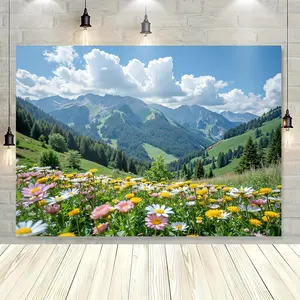 1pc 2D Flat Polyester Banner - Durable Spring Grassland Backdrop with Vibrant Wildflowers, Mountain Scenery, Ideal for Home Decor, Birthday Party Supplies