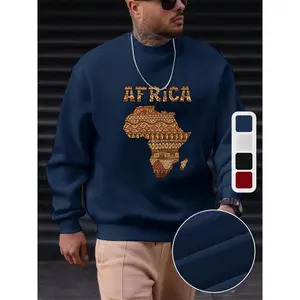 [African Map Sweatshirt] Black Polyester Crew Neck Sweatshirt | Men's Casual Loose Fit, 100% Polyester, 250g/m², Slight Stretch, African Map Alphabet Print, Long Sleeve Pullover for Sports & Commuting Fabric Menswear