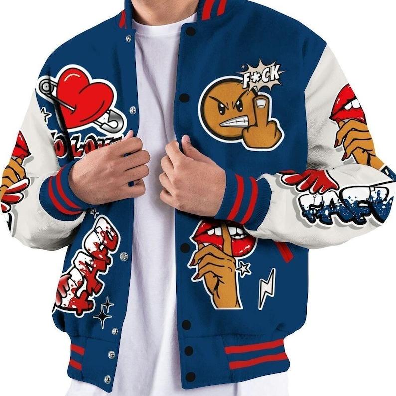 Dunkare Retro Rare Air 11s Varsity Jacket, FK Around Find Out All-Over Print Graphic Jacket, Streetwear Unisex College Style Outerwear, Sneaker Match Jacket