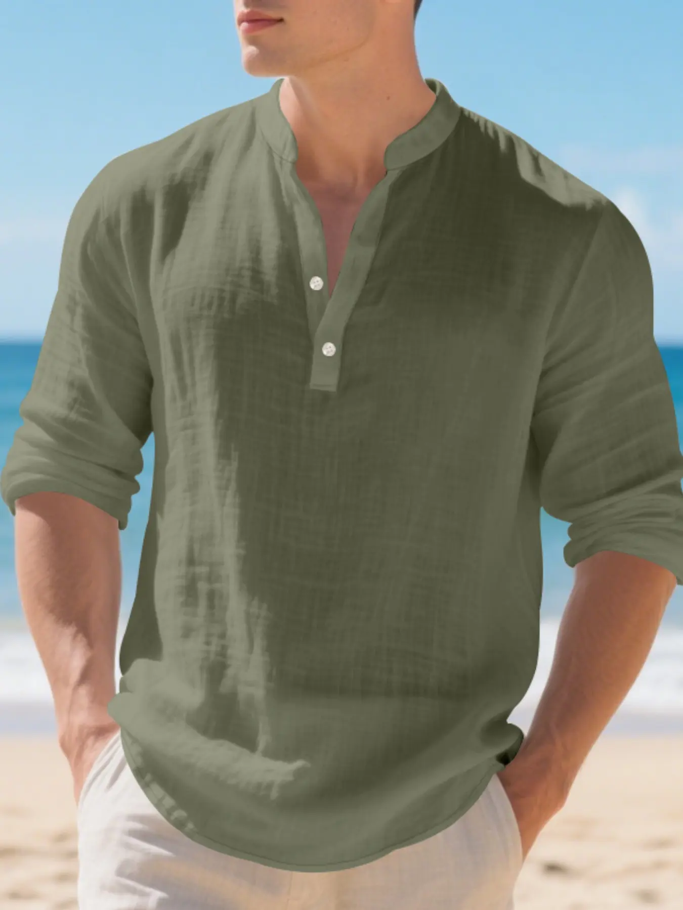 Men's Linen Stand Collar Shirt, Casual Buttons Collared Loose Breathable Long Sleeve Casual Top, Beach Tropical Vacation Essential, Casual Tropical Style, Lightweight Sun Protection Outdoor Wear