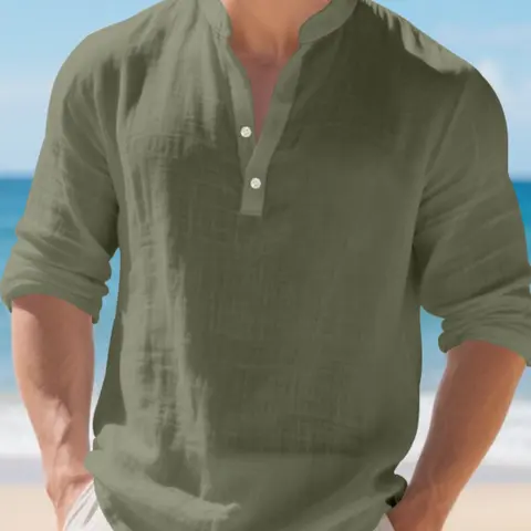 Men's Linen Stand Collar Shirt, Casual Buttons Collared Loose Breathable Long Sleeve Casual Top, Beach Tropical Vacation Essential, Lightweight Sun Protection Outdoor Wear, Loose Casual Fashion