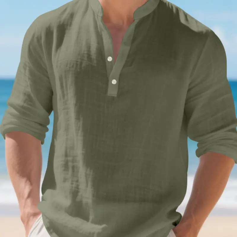 Men's Linen Stand Collar Shirt, Casual Buttons Collared Loose Breathable Long Sleeve Casual Top, Beach Tropical Vacation Essential, Lightweight Sun Protection Outdoor Wear, Loose Casual Fashion