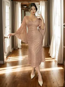 Women's dress with sequins, V-neck, flared sleeves, midi length, elegant and luxurious style, waist-cinching design to show off the figure, suitable for occasions such as dinners and parties