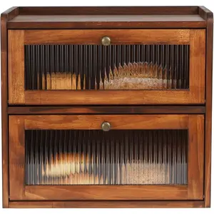 Wooden 2-Layer Bread Storage Container Bin for Kitchen Countertop-Large Capacity Bread Holder with Acrylic Window, Vintage Farmhouse Style (Brown)