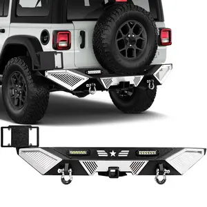 Rear Bumper - Compatible with 2018–2024 JP Wrangler JL/JLU, Off-Road Rock Crawler Full-Width Bumper with LED Lights, 2" Hitch Receiver, D-Rings & DIY White Paintable Armor