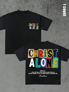 Unisex's Colorful Letter Print Round Neck Graphic Tee, Regular Fit Casual Short Sleeve T-shirt for Summer, Men's Top for Daily Wear, Tropical