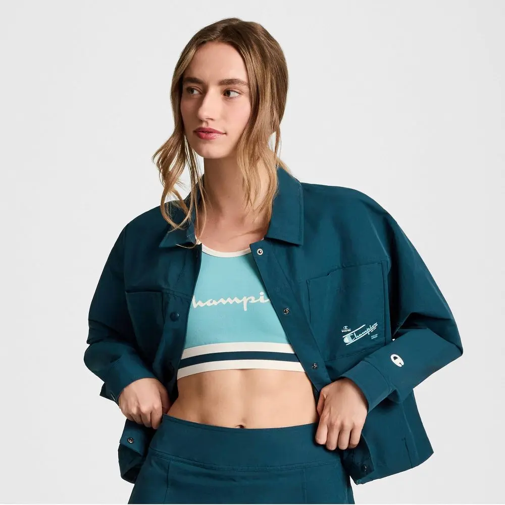 Champion Women's Plus Size Match Coaches Cropped Snap-Front Top Teal Blue Classic Fit 95% Nylon 5% Spandex Long Sleeve Front Button Down